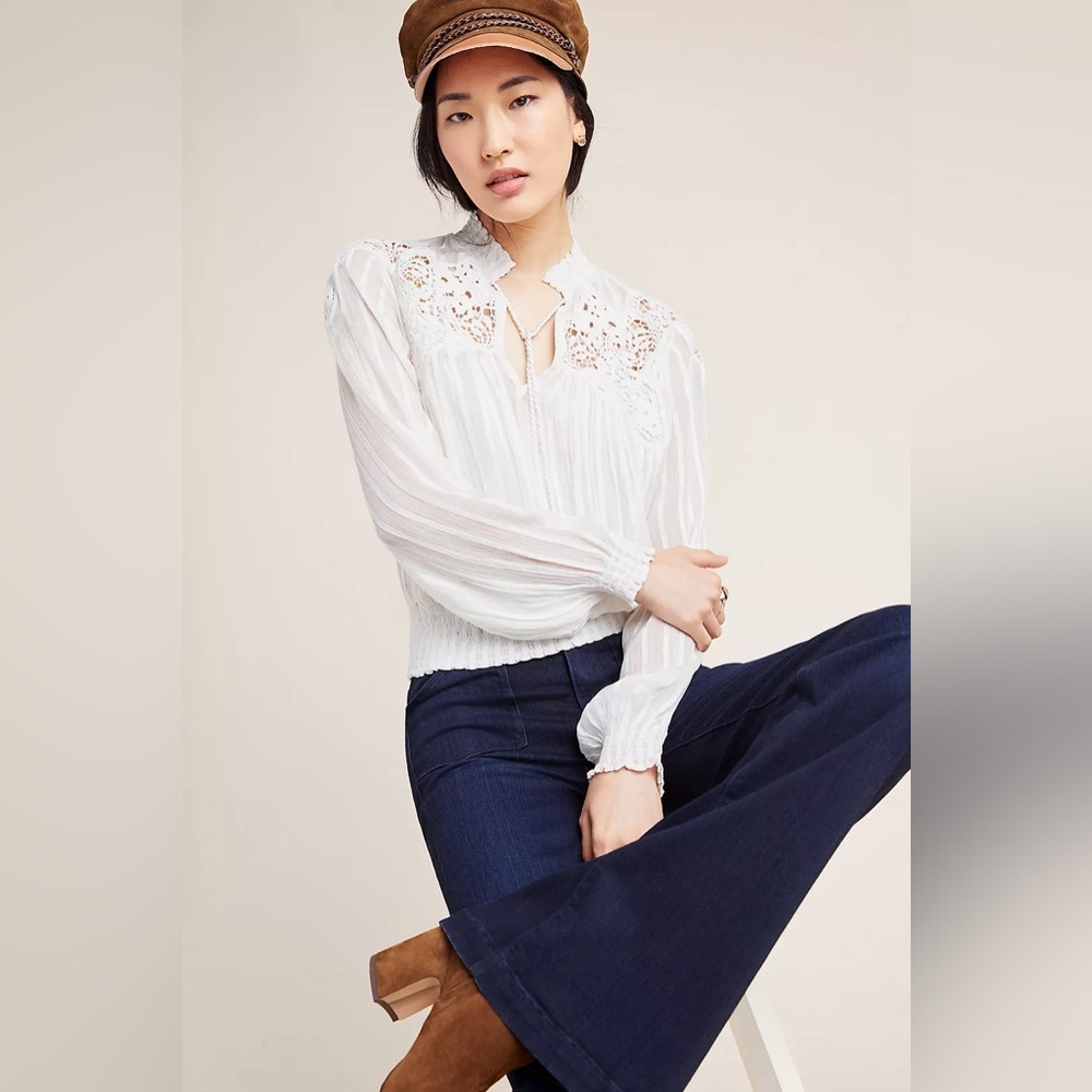 Anthropologie Moira Peasant Elegant Blouse White Lace Size 2